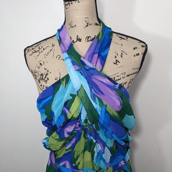NWT London Times Crisscross Wrap-Neck Halter Maxi Dress Aqua Royal Size 12 - Picture 3 of 15